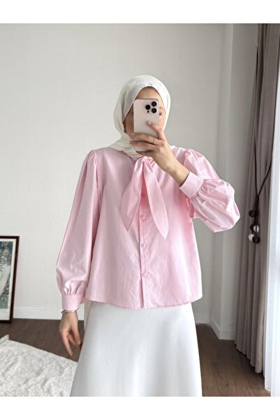 RFK Butik Kadın Etek Üstü Yaka Bağlamalı Poplin Gömlek - Pembe