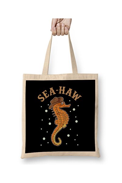 dekado Cute & Funny Sea-Haw Hilarious Seahorse Pun Seahaw Tote Bag Long Handle