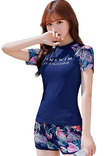 EFAYN.RO Women's swimsuit, 2 pieces, short sleeve top and shorts, size L, blu...