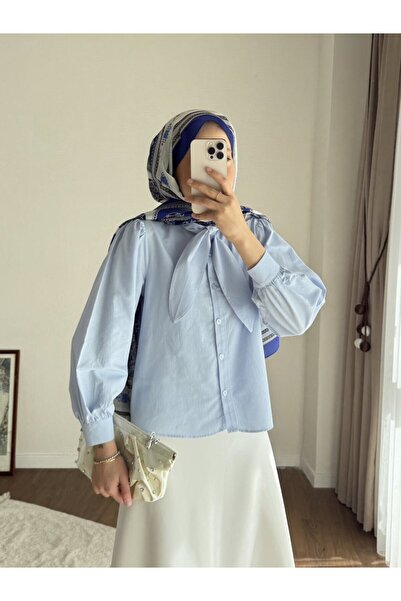RFK Butik Kadın Etek Üstü Yaka Bağlamalı Poplin Gömlek - Mavi