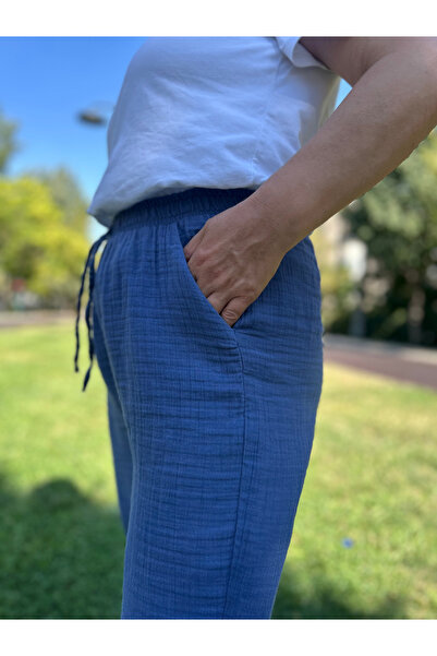 AYDESİGN Blue 100% Cotton Muslin Fabric Women's Carrot Leg Pants