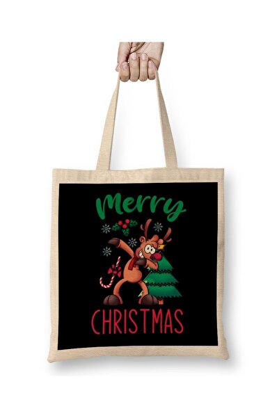 dekado حقيبة قماش Xmas Dabbing Reindeer بمقبض طويل
