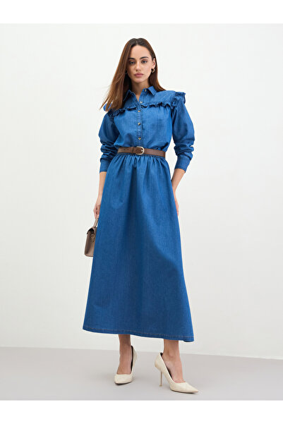 Styli Blue Denim Maxi Skirt with Elastic Waistband