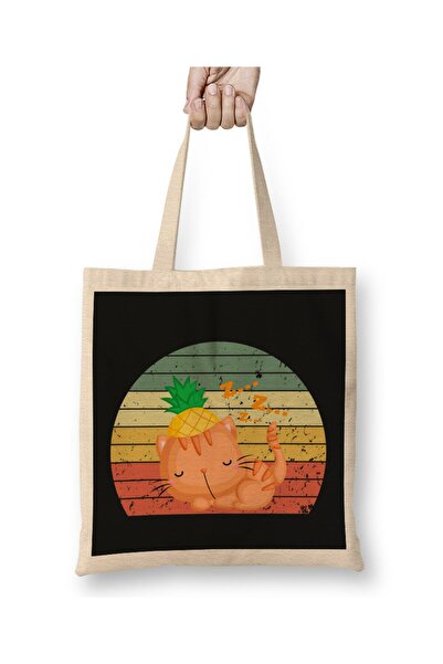 dekado Pineapple And Cat Retro Vintage Tote Bag Long Handle