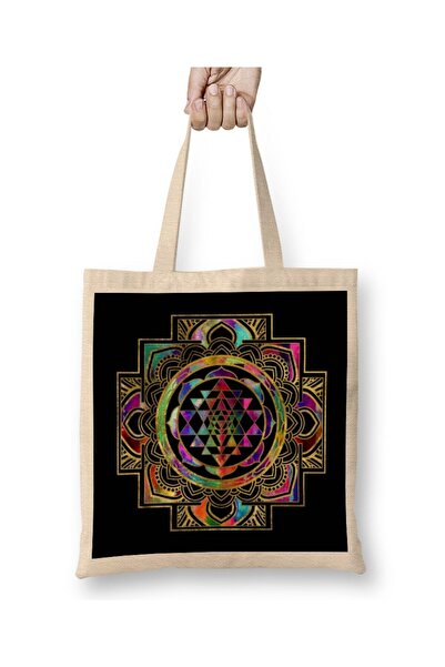 dekado Colorful Gold framed Sri Yantra Sri Chakra Tote Bag Long Handle