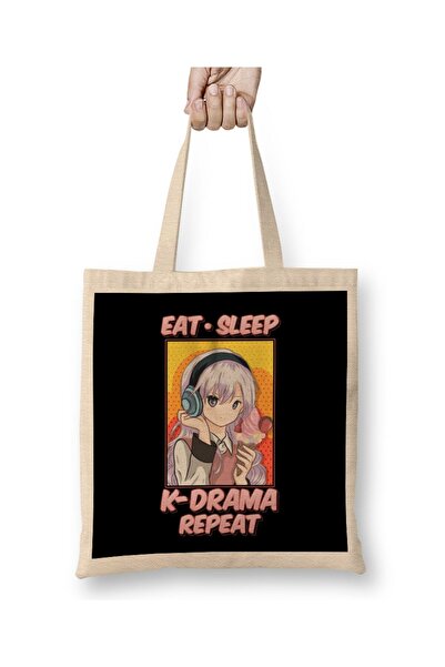 dekado Cute & Funny Eat Sleep K-Drama Repeat Korean K Pop Tote Bag Long Handle