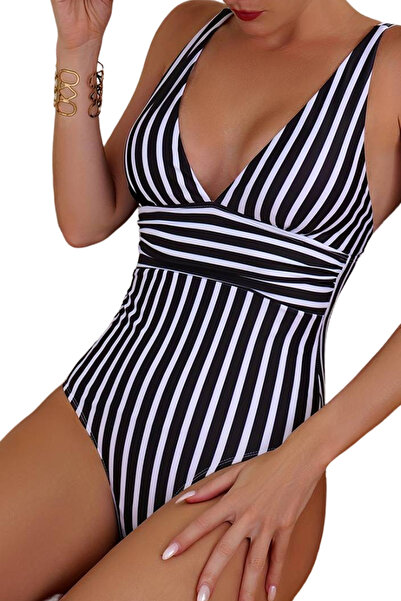 EFAYN.RO Women's swimsuit, one piece, V-neck and classic panties, size M, bla...