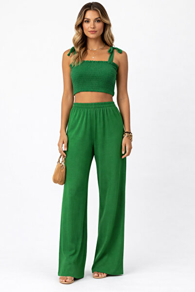 Trend Mixs Drawstring Crop Wide Leg High Waist Trousers Set Summer Stylish Wo...