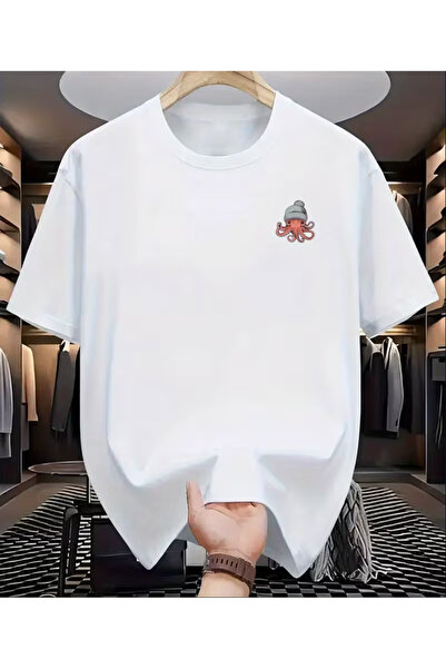 LİNA06 Men's 100% Cotton Octopus Print T-Shirt - Casual Round Neck Short Slee...