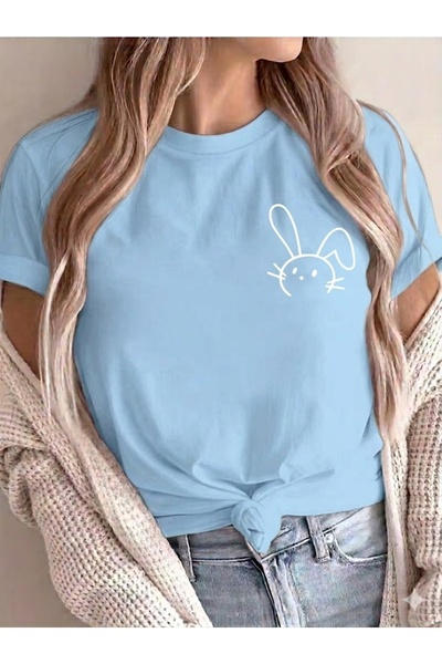 JENOLAN Women's Minimal Rabbit Printed Oversize T-Shirt