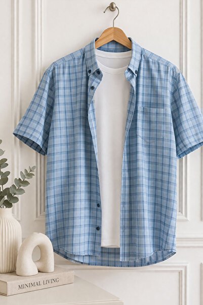 Varetta Men's Blue Short-Sleeved Shirt Plus Size Lapel Button Pocket Summer C...