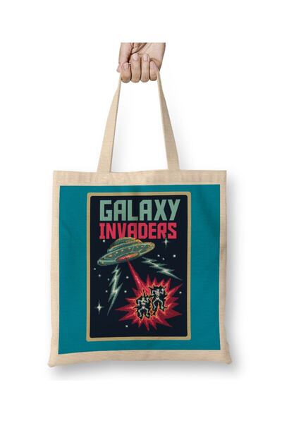 Generic Brand حقيبة حمل من Aliens Retro Pixel Galaxy Invaders بمقبض طويل