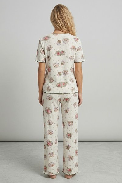 Siyah İnci Pink Big Flower Pattern Soft Tuşe Summer Ribbed Cotton Knitted Pajamas Suit 7994