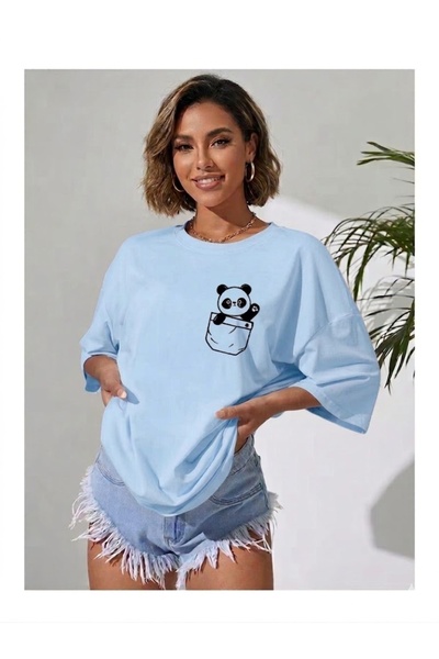 JENOLAN Women's Pocket Panda Printed Oversize T-Shirt