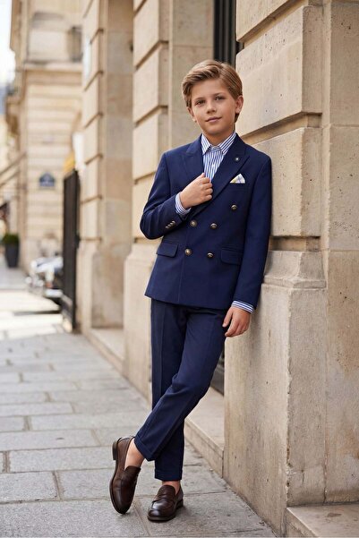 BUTİKHAPPYKİDS Boys' Double-Breasted Suit Cotton Striped Shirt Suit 8-14 Year...