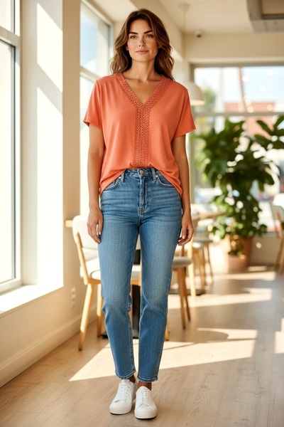 ELLA CAMELIA Blouse with Woven Front and Combed Cotton Scallop Detail on the ...