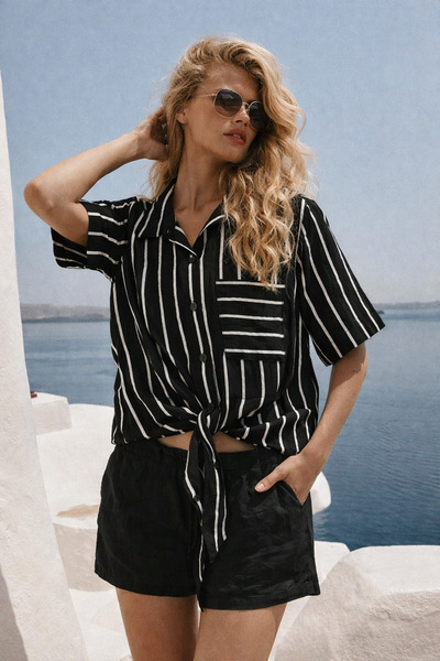 Markazzi Women's Dark Green Striped Belted Short-Sleeved Shirt