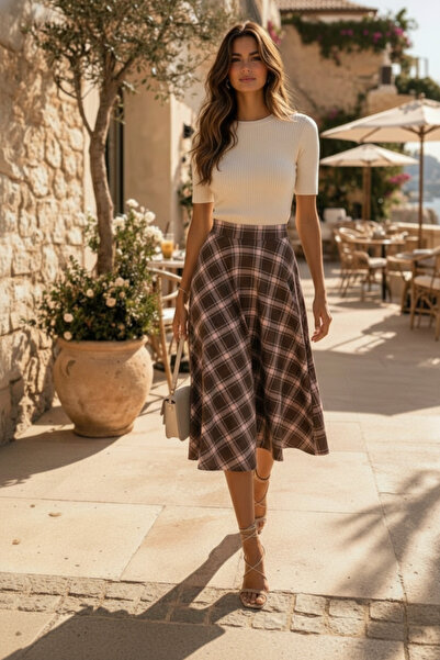 NO 601 Women's Plaid Patterned Midi Length Long Flared Skirt