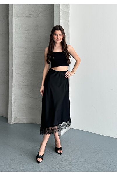 solena sln Women's Black Asymmetrical Cut Lace Stylish Midi Length Satin Skirt