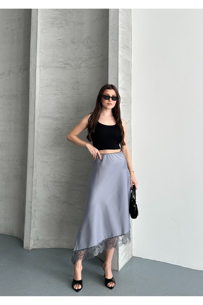 solena sln Women's Gray Asymmetrical Cut Lace Stylish Midi Length Satin Skirt