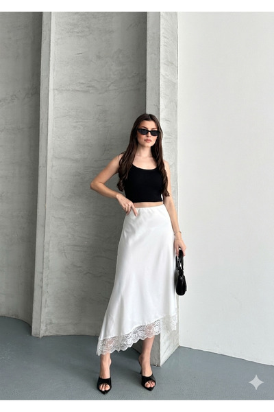 solena sln Women's White Asymmetrical Cut Lace Stylish Midi Length Satin Skirt