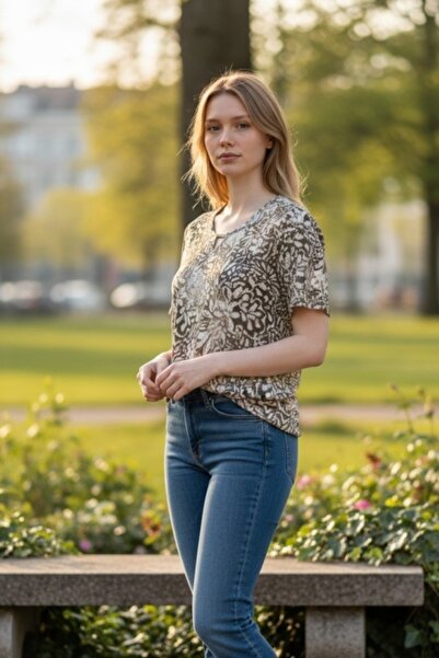 ELLA CAMELIA Shiny Textured Collar Detailed Patterned Blouse