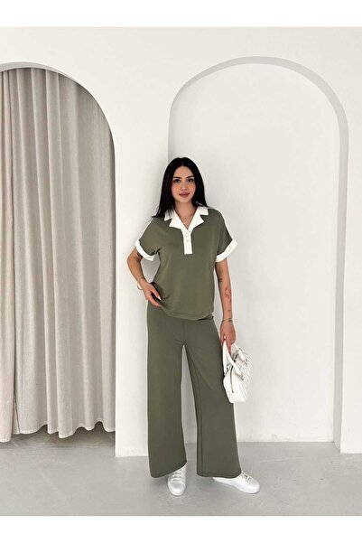 Kureyzibies Women's Polo Collar Relaxed Fit Stripe Detailed Top and Bottom Set