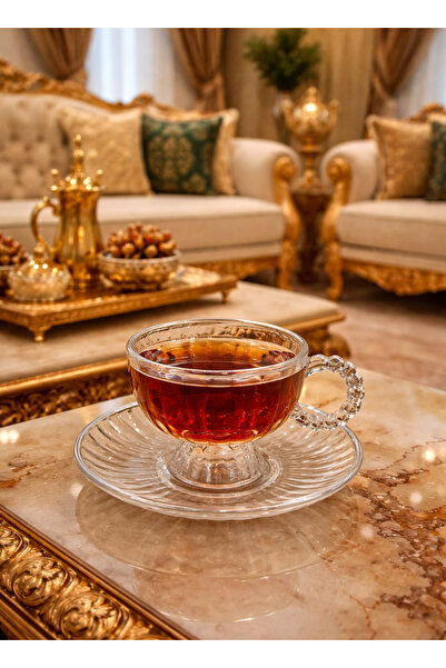 ALQANNAS 6-Piece Tea Cup Set with 6 Saucers, Crystal Glass with Silver Line D...