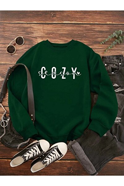 EYAX MODA Brown Green Black Crew Neck Printed Unisex Oversize Sweatshirt