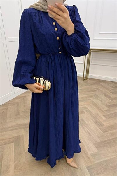 Neşeli Butik Women's Navy Blue Skirt with Ruffles and Button Details Cotton L...