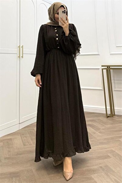 Neşeli Butik Women's Brown Skirt with Ruffles and Button Details Cotton Loose...