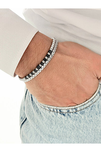 FERRO سوار رجالي من الفولاذ باللونين الأسود والفضي FRJ10169A-J مع عبوة هدايا ...