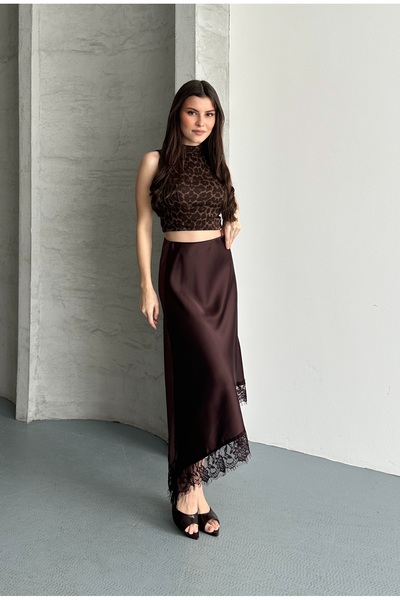 solena sln Women's Brown Asymmetrical Cut Lace Stylish Midi Length Satin Skirt
