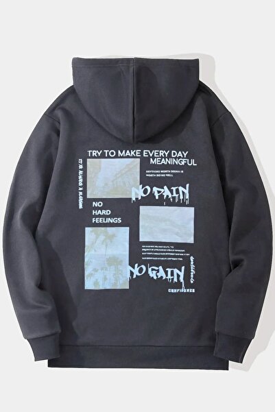EYAX MODA UNISEX NO PAIN NO GAIN SWEATSHIRT CU GLUGĂ IMPRIMATĂ EYAXX Sportwea...