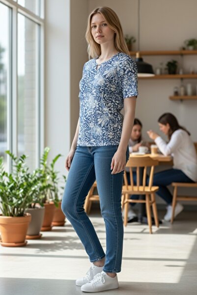 ELLA CAMELIA Shiny Textured Collar Detailed Patterned Blouse