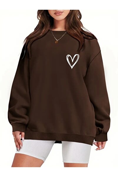 EYAX MODA Women's Heart Printed Crew Neck Sweatshirt