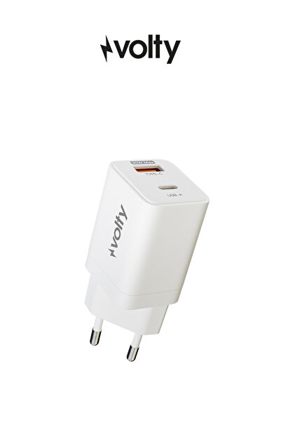 Volty Hızlı Şarj Adaptörü | 30W PD GaN, USB-C & USB-A, iPhone & Samsung Uyuml...