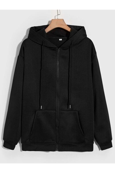 EYAX MODA Zippered Hooded Oversize Sweatshirt