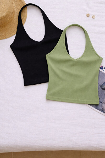 ÖZ PAMUK Γυναικεία μπλούζα με χιαστί λαιμόκοψη, αμάνικη, 2 τεμαχίων, ριμπ, βα...