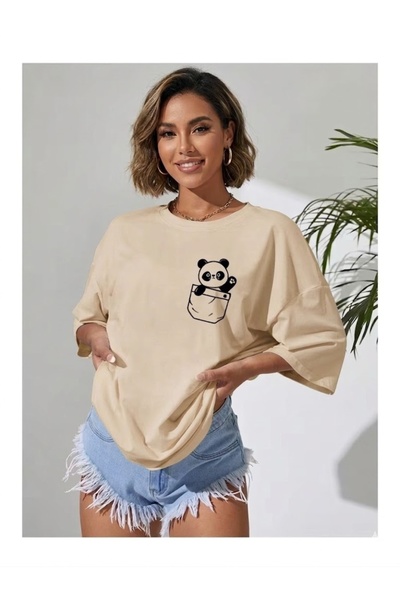 WOODROFFE Women's Pocket Panda Printed Oversize Casual T-Shirt