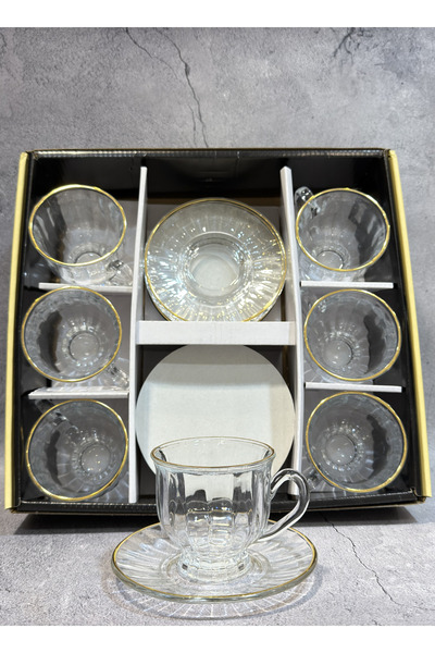 ALQANNAS طقم اكواب شاي 6 حبة مع 6 صحون قزاز كريستال علئ خط ذهبي