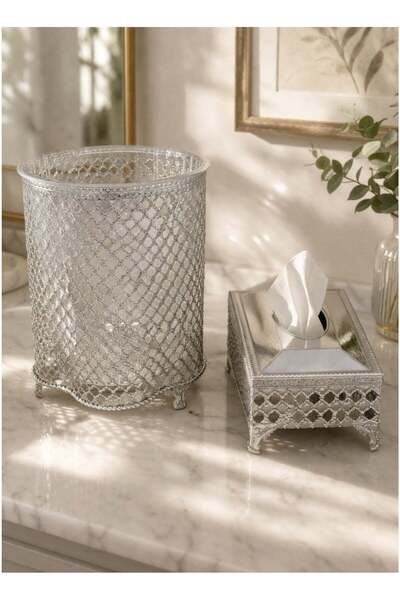 ALQANNAS Silver Trash Bin and Tissue Box Set | High-Quality Elegant Bin & Tis...