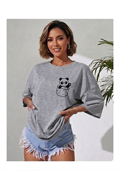 WOODROFFE Women's Pocket Panda Printed Oversize Casual T-Shirt