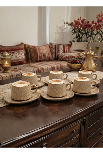 ALQANNAS طقم اكواب شاي 6 حبة مع 6 صحون من السيراميك منقوشة