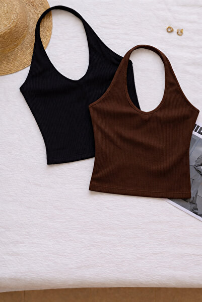 ÖZ PAMUK Γυναικεία μπλούζα με χιαστί λαιμόκοψη, αμάνικη, 2 τεμαχίων, ριμπ, βα...