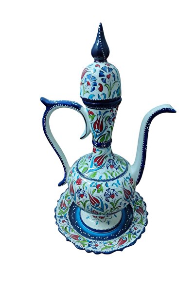 hediye Lale Desenli Çini El İşlemeli Büyük İbrik ve Tabağı 50 CM
