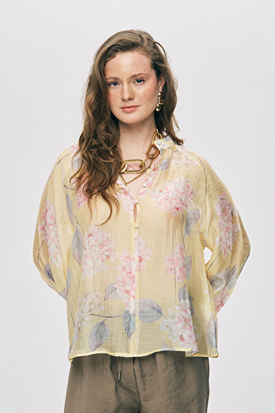 Orfeo Negro Women's High Collar Floral Patterned Transparent Yellow Shirt