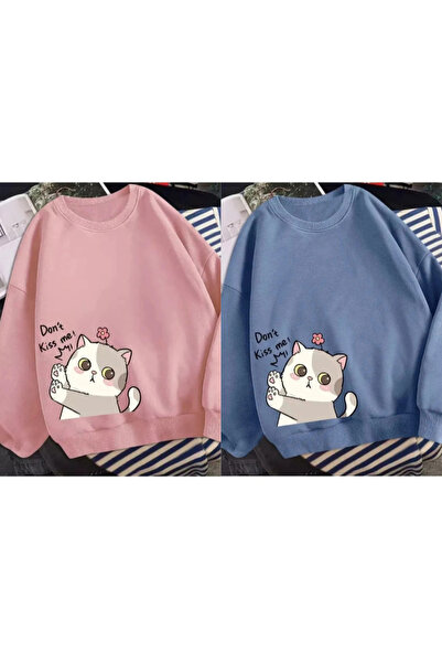 EYAX MODA 2-Pack Women's Cat Printed O-Neck Sweatshirt Eyaxx Sportwear Company