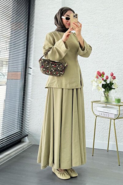 MELEK ARAZ Pinterest Soft Line Slit Detailed Skirt Set - Green