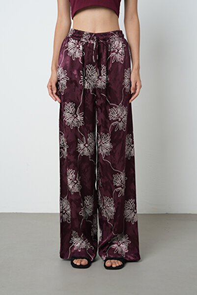 Orfeo Negro Women's Floral Patterned Burgundy Jacquard Palazzo Trousers